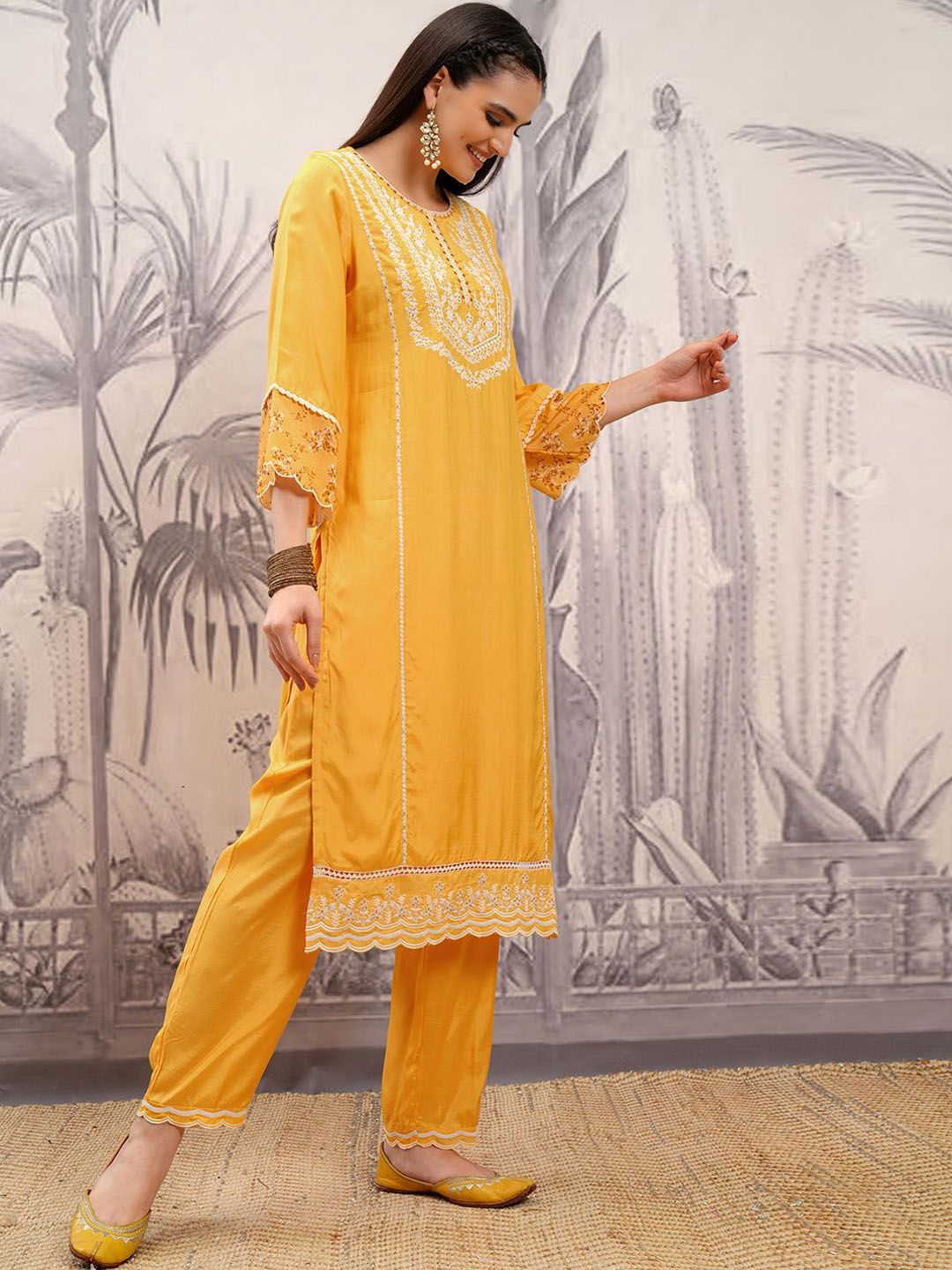 Vishudh Mustard Embroidered Regular Thread Work Kurta with Trousers & Dupatta