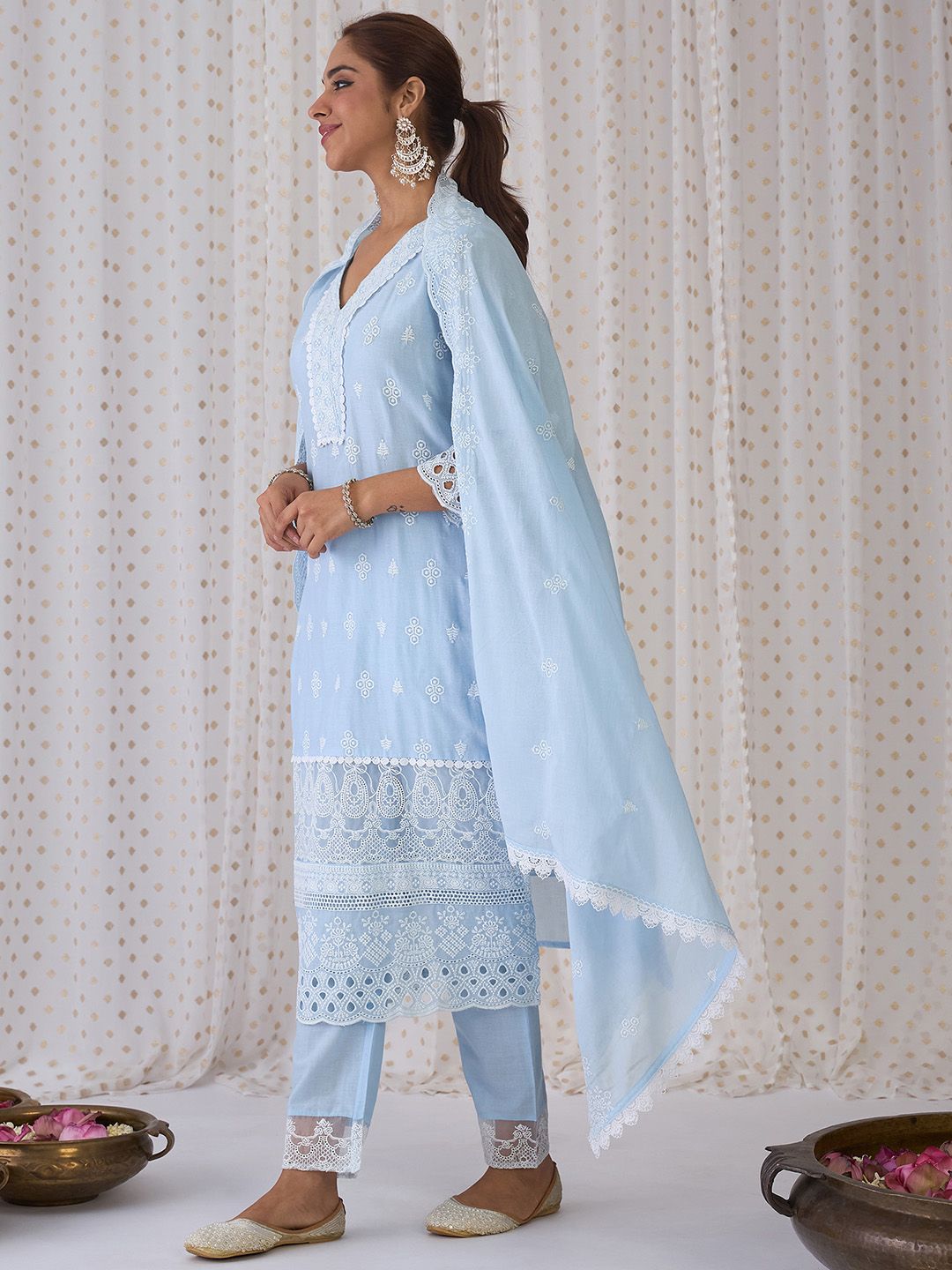 Indo Era Blue Floral Embroidered Thread Work Pure Cotton Kurta With Trousers & Dupatta