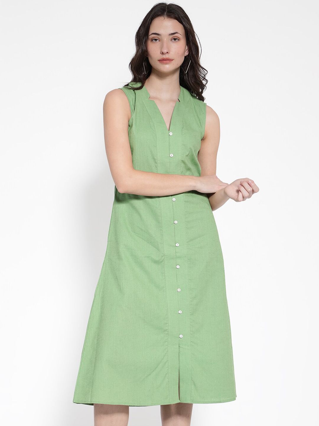 Rareism v Linen Linen A-Line Midi Dress