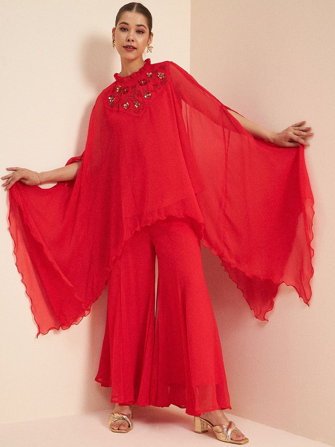 Antheaa Red Round Neck Embellished Co-Ords Set