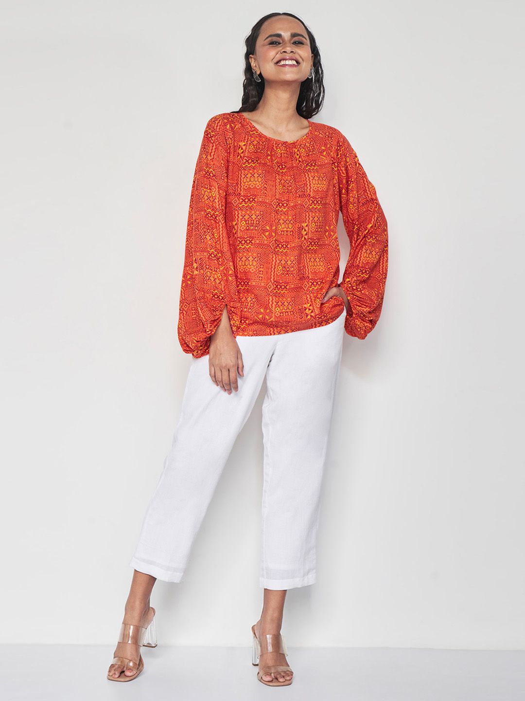 Global Desi Abstract Printed Puff Sleeves Top