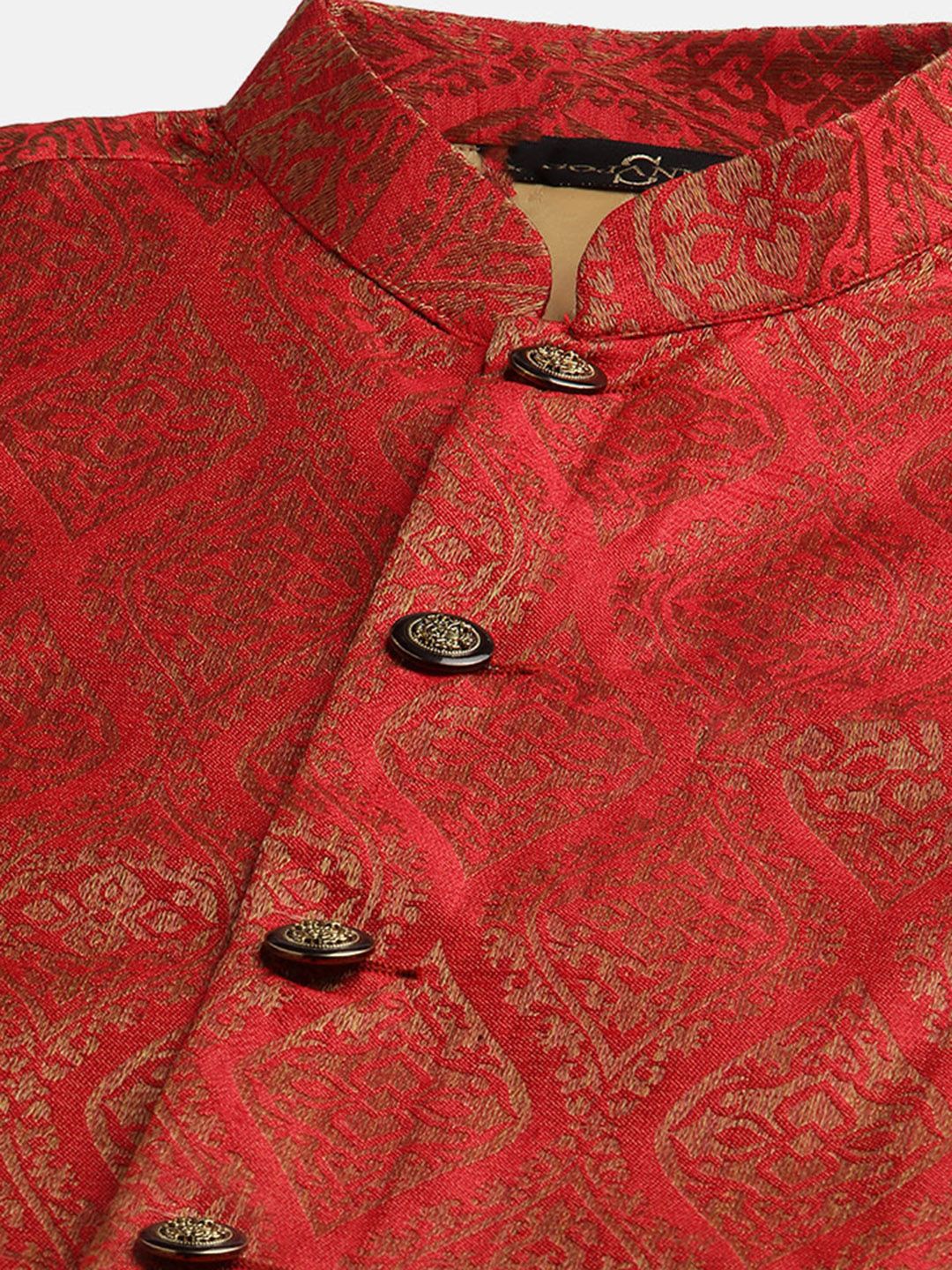 SOJANYA Kurta Motif Etnik Biru Teal & Merah Lelaki dengan Jaket Churidar & Nehru