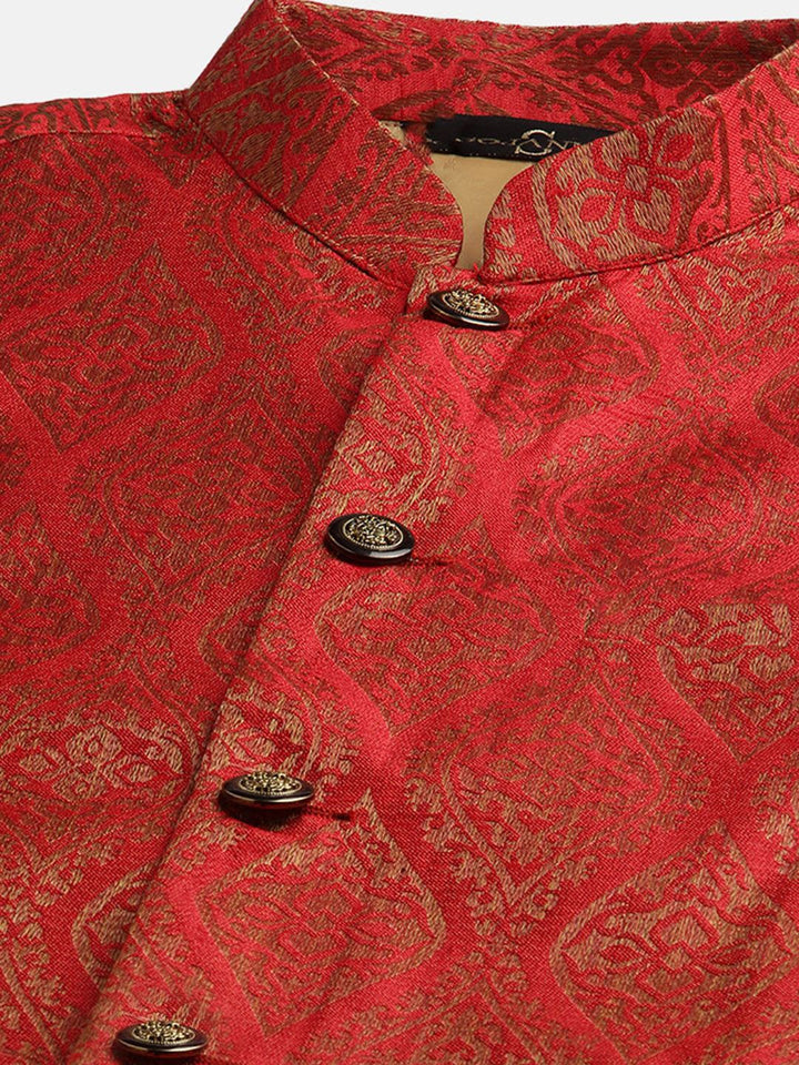 SOJANYA Kurta Motif Etnik Biru Teal & Merah Lelaki dengan Jaket Churidar & Nehru