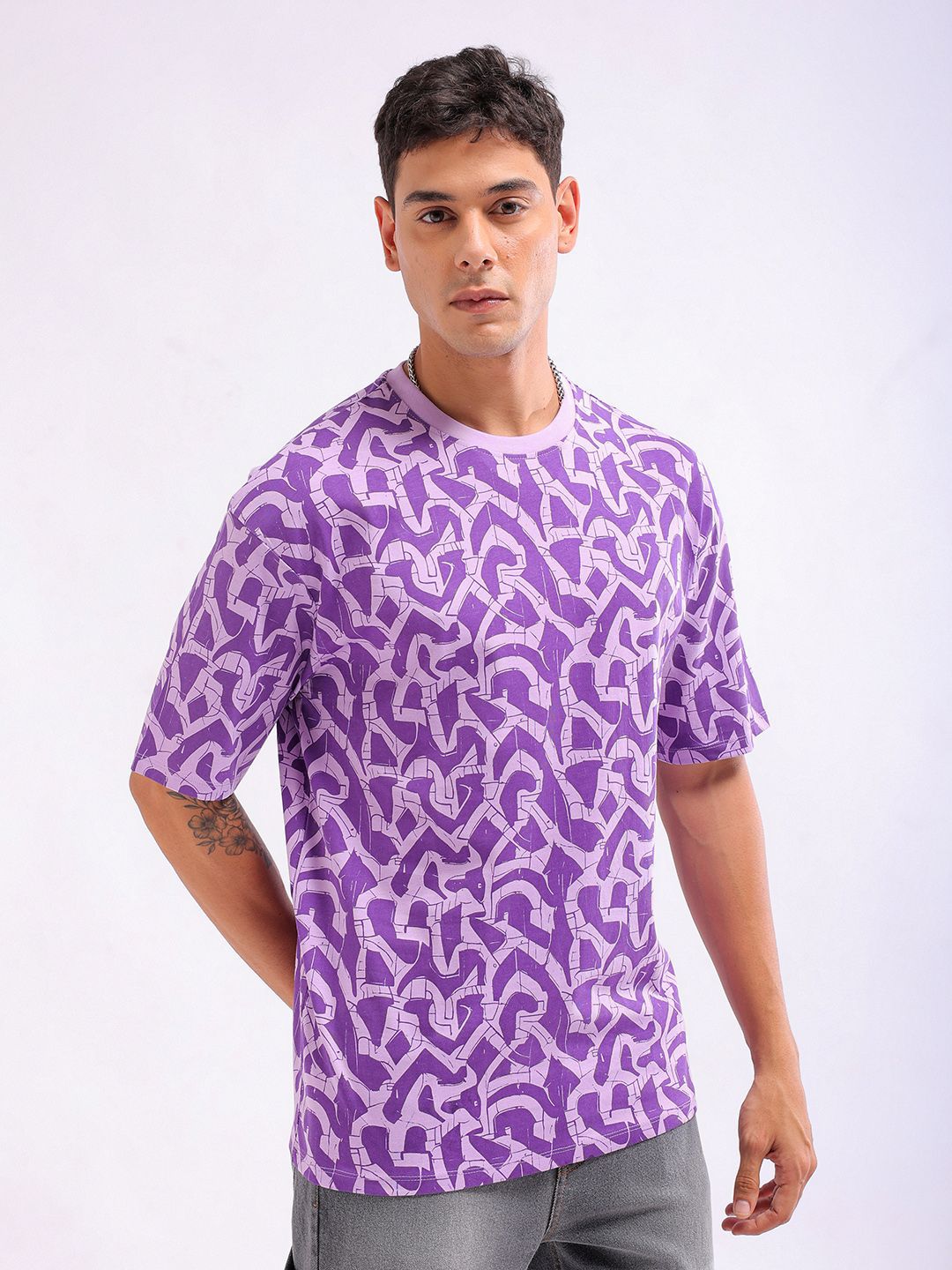 The Indian Garage Co Men All Over Printed Boxy Oversized Round Neck T-shirt