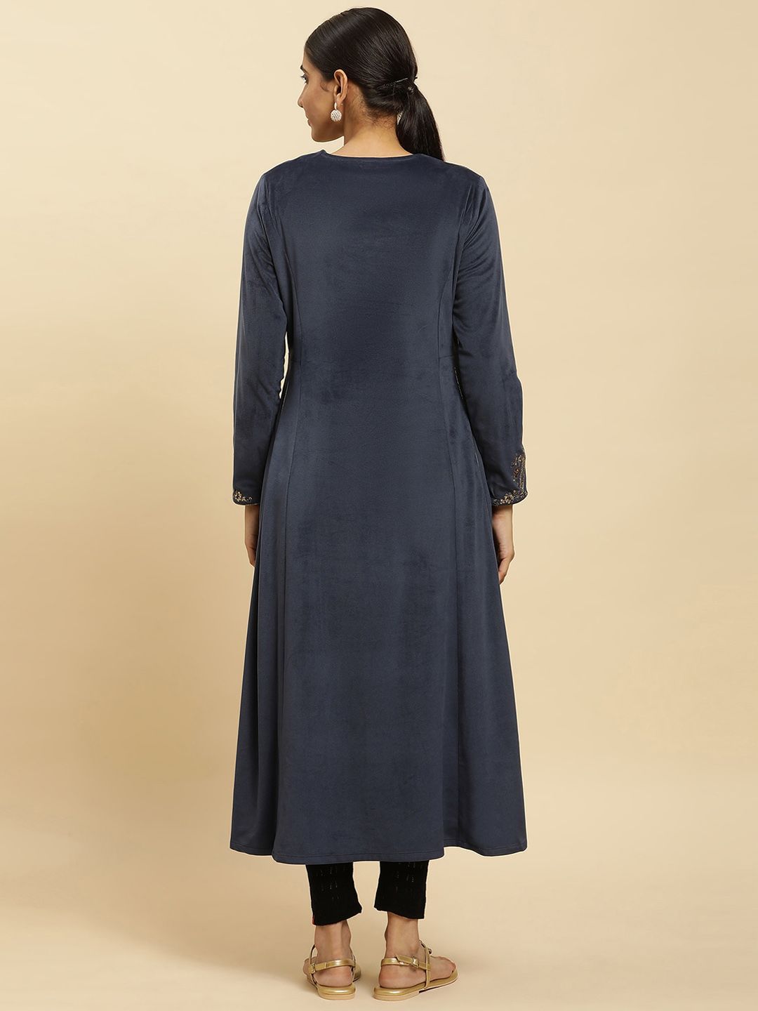 W Navy Blue Paisley Yoke Design Sequinned Anarkali Kurta