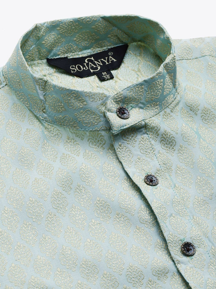 SOJANYA Men Green & Off-White Ethnic Motifs Kurta with Churidar & Nehru Jacket