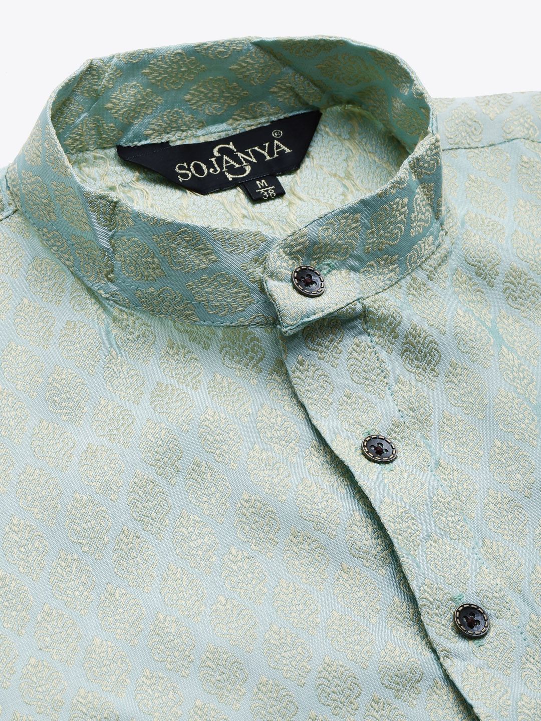 SOJANYA Men Green & Off-White Ethnic Motifs Kurta with Churidar & Nehru Jacket