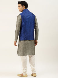 SOJANYA Men Grey & White Ethnic Motifs Woven Design Kurta with Churidar & Nehru Jacket