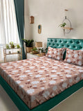KLOTTHE Beige Floral Pure Cotton 400 TC Fitted King Superfine Bedsheet with 2 Pillow Covers-98 x 89 inches