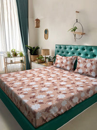 KLOTTHE Beige Floral Pure Cotton 400 TC Fitted King Superfine Bedsheet with 2 Pillow Covers-98 x 89 inches