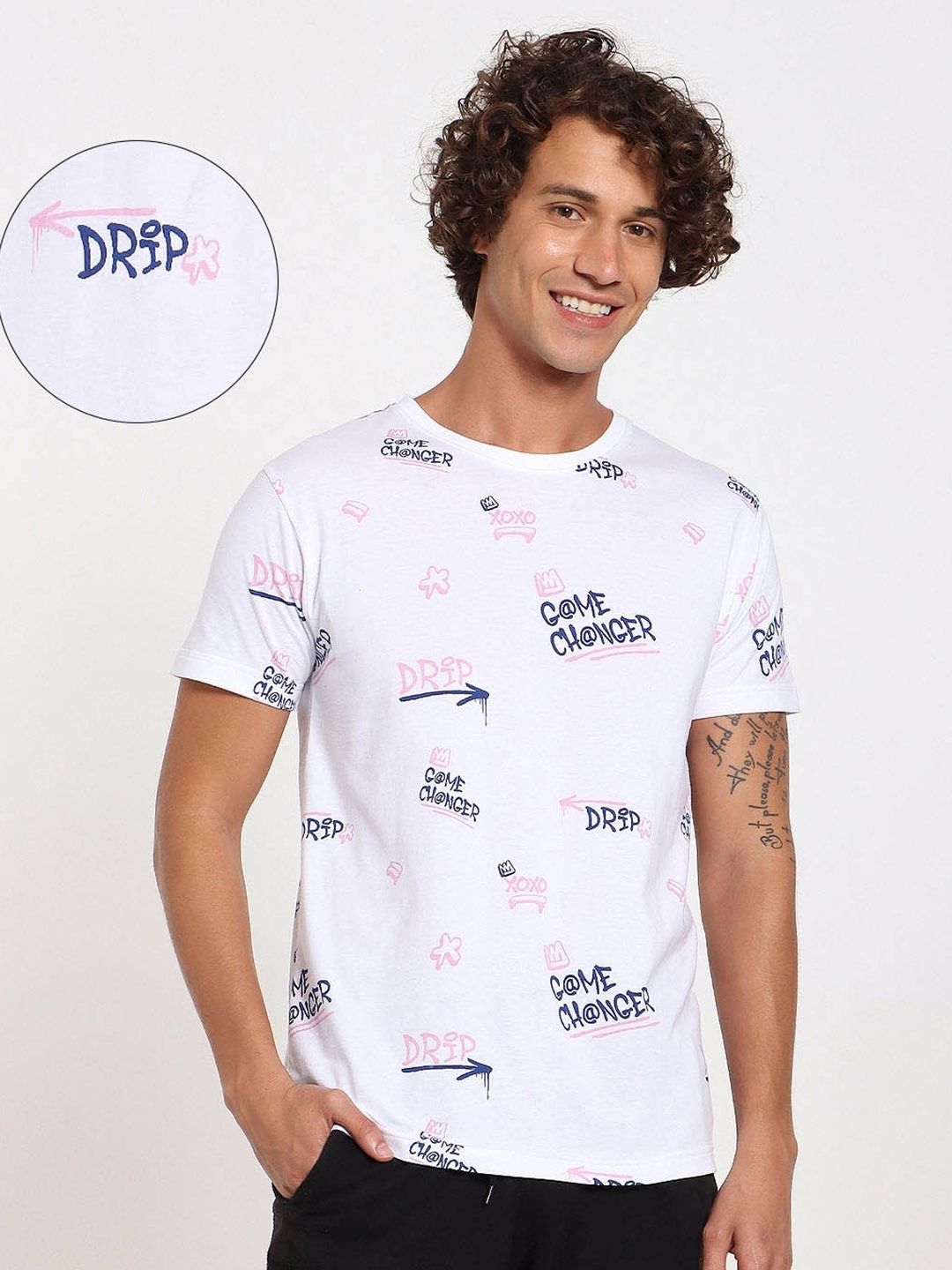 Bewakoof Men White & Navy Blue Printed T-shirt