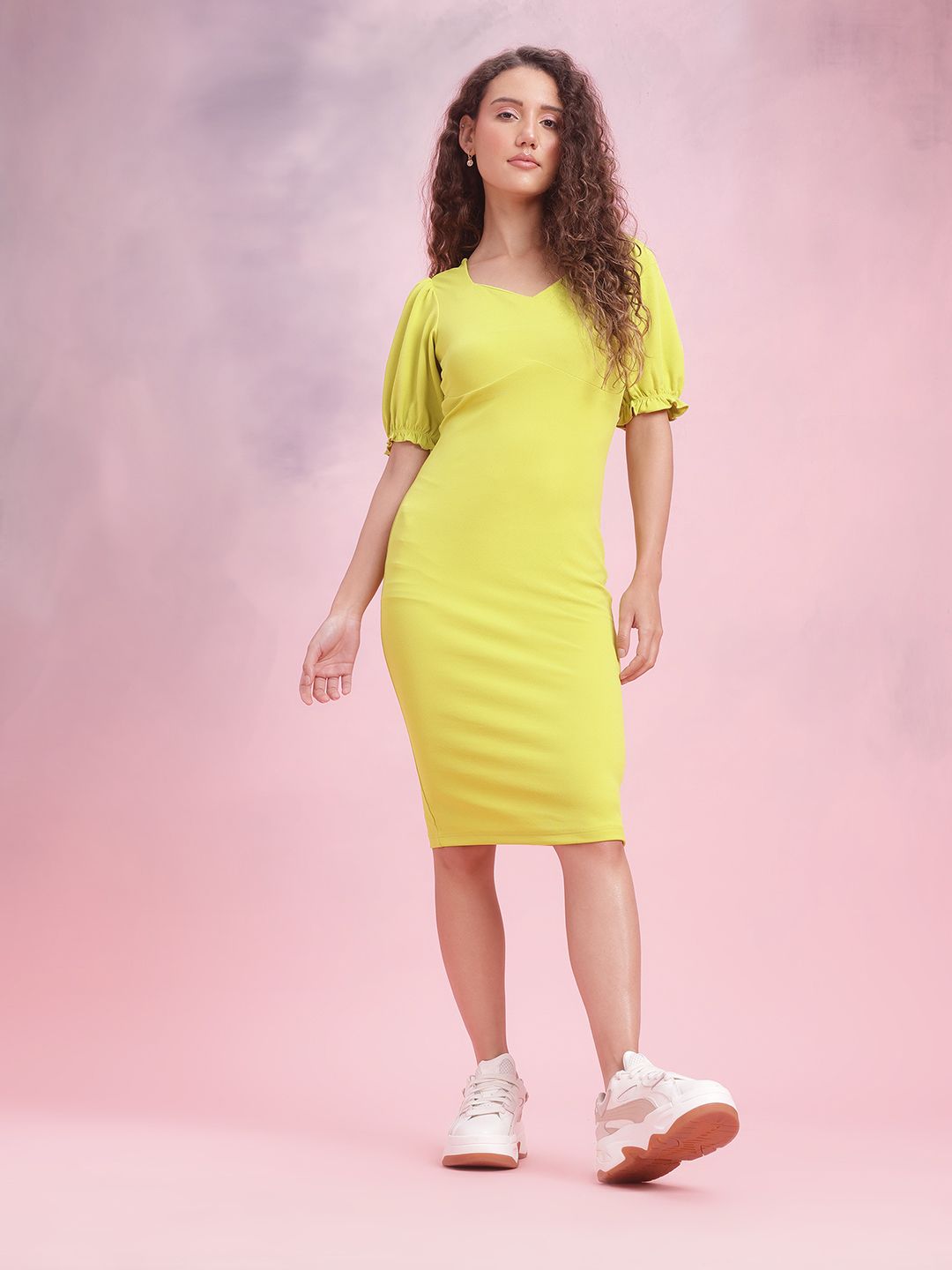DressBerry Puff Sleeves Sheath Midi Dress