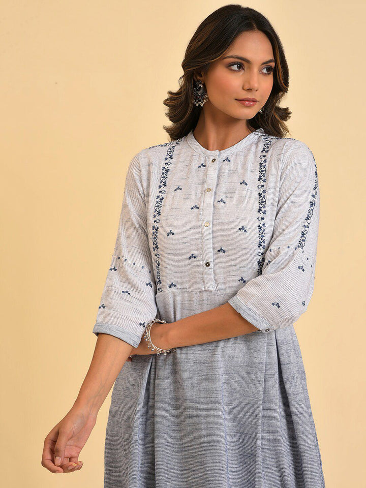 W Grey & Navy Blue Floral Embroidered Pure Cotton A-Line Kurta