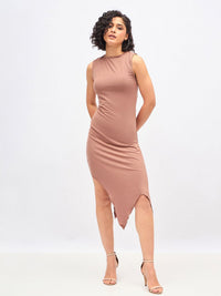 SASSAFRAS Brown Asymmetric A-Line Midi Dress