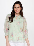 AND Floral Printed Tie-Up Neck Cuffed Sleeves Top