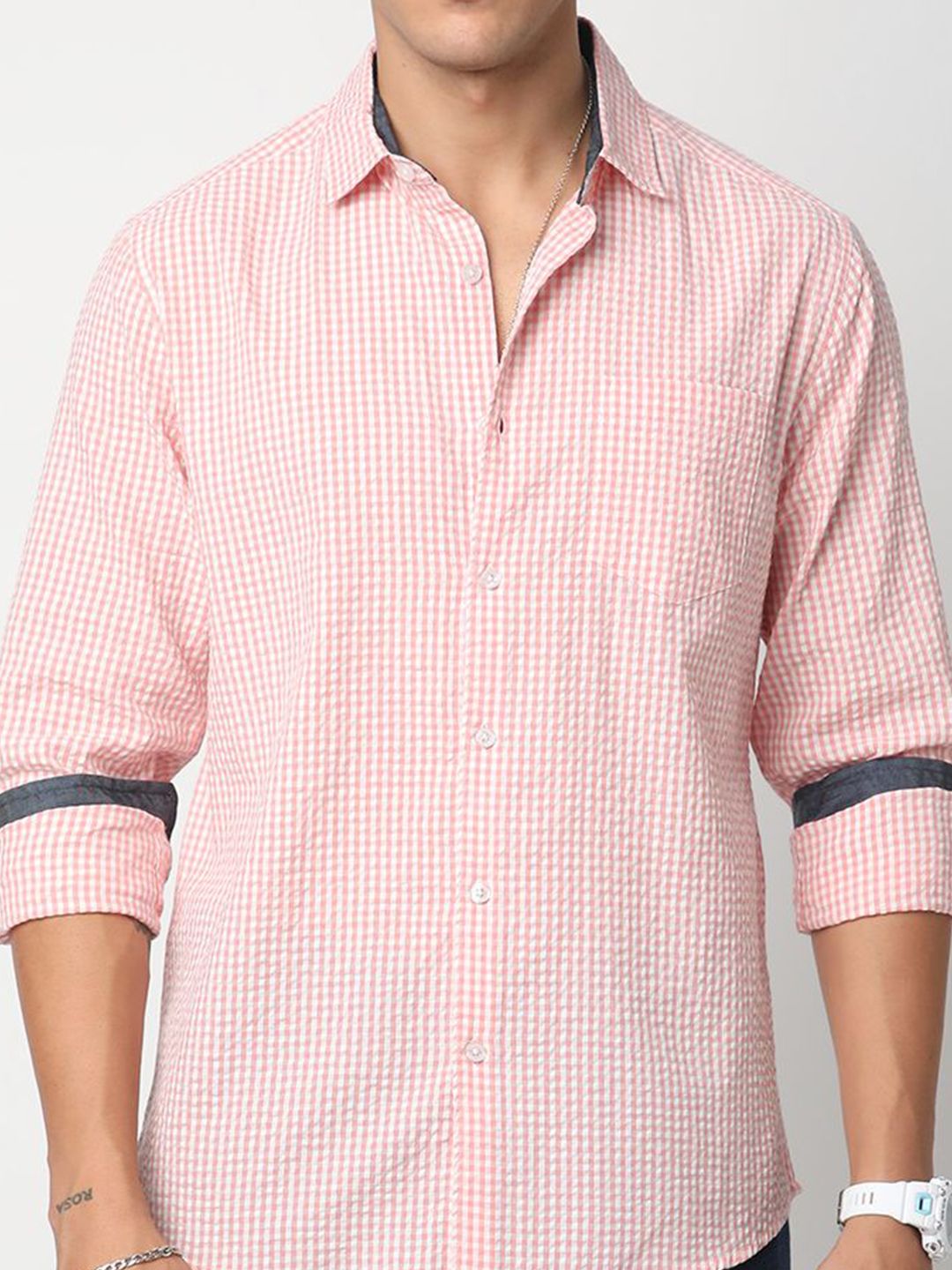 VASTRADO Men Classic Spread Collar Gingham Checked Cotton Slim Fit Casual Shirt