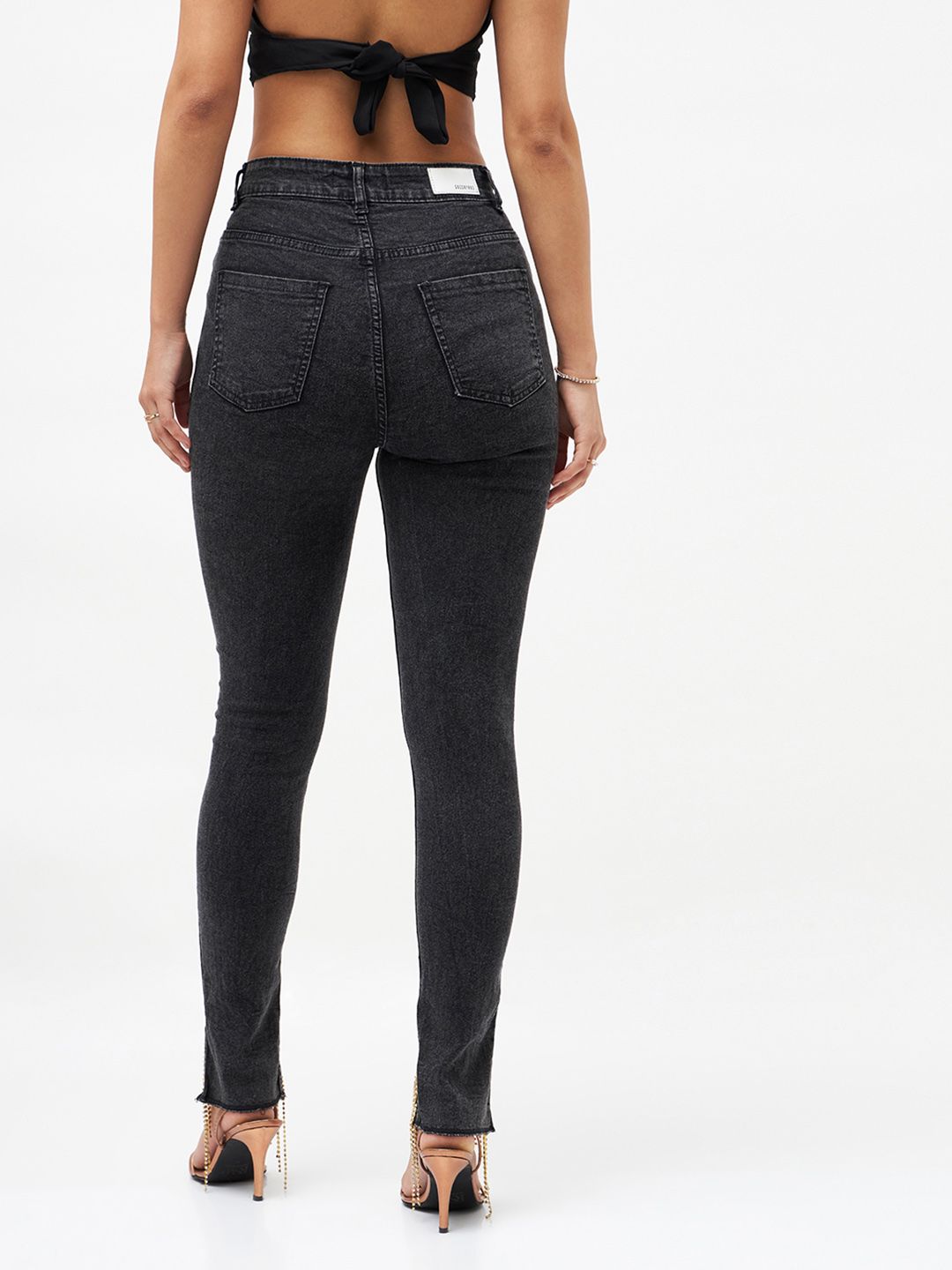 SASSAFRAS Women Black Slim Fit High-Rise Clean Look Embellished Stretchable Jeans
