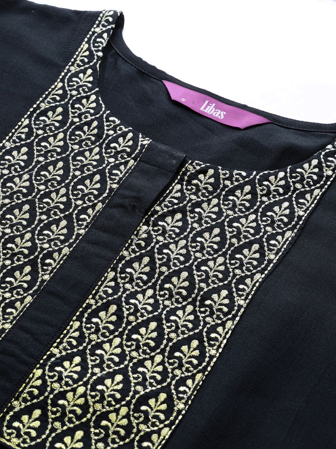 Libas Women Navy Blue Ethnic Motifs Yoke Design Kurta