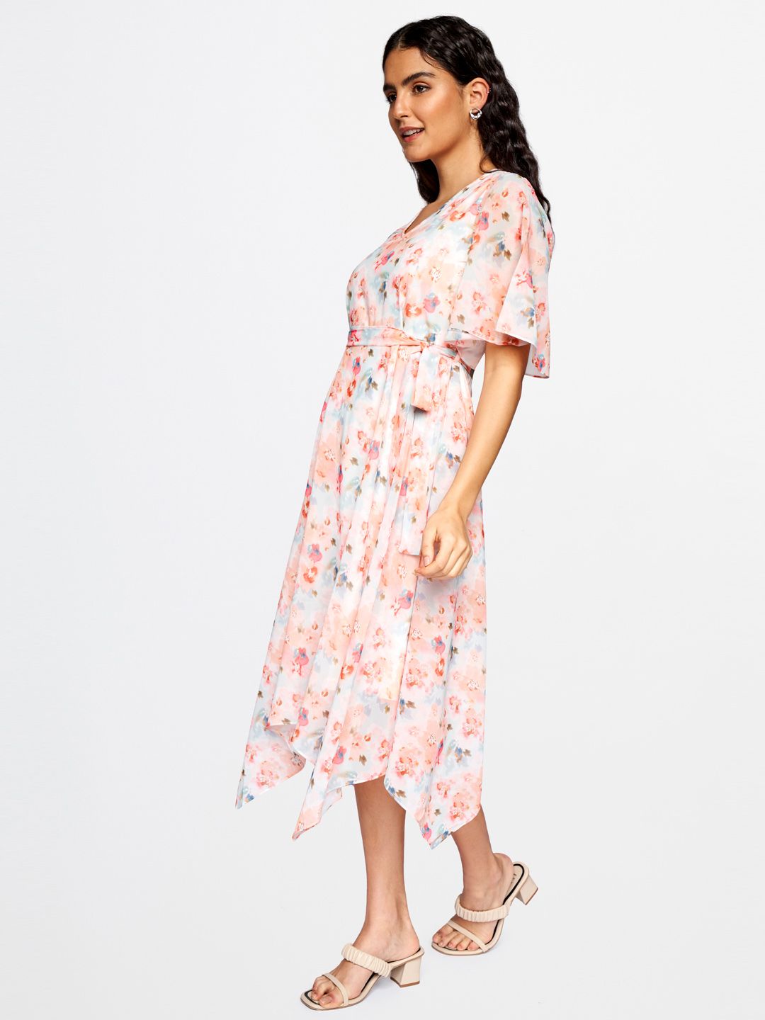 AND Women Peach & Blue Floral Printed V-Neck A-Line Dress With A Belt