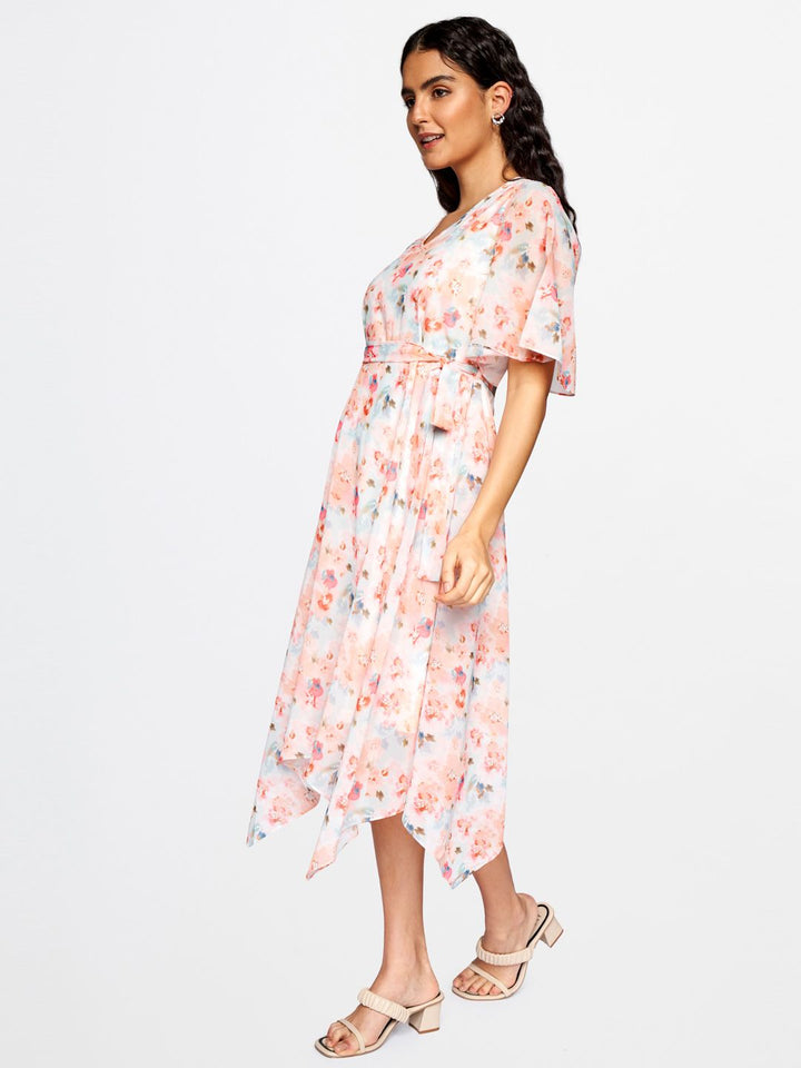 AND Women Peach & Blue Floral Printed V-Neck A-Line Dress With A Belt