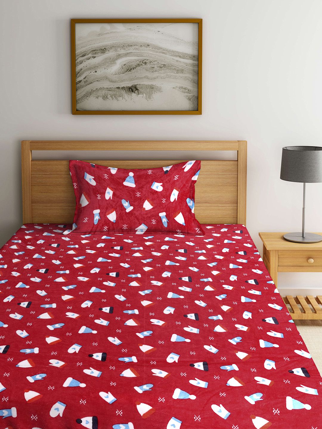 KLOTTHE Red Printed 300 TC Woolen Single Bedsheet With 1 Pillow Cover