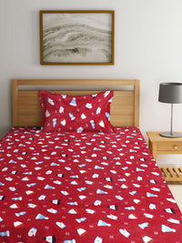 KLOTTHE Red Printed 300 TC Woolen Single Bedsheet With 1 Pillow Cover