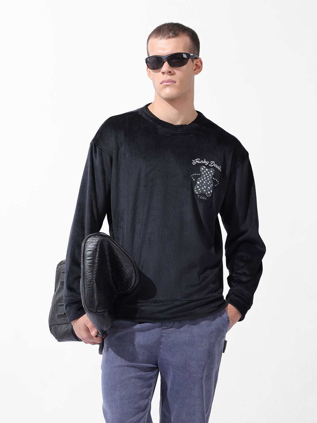 The Indian Garage Co Men Oversized Self Design Corduroy Crew Neck Sweatshirt