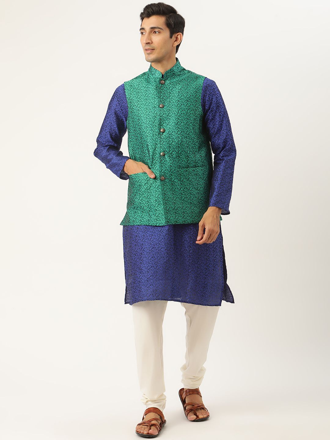 SOJANYA Men Blue Floral Kurta with Churidar & Nehru Jacket