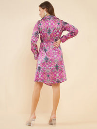 Antheaa Pink Abstract Printed Shirt Collar Cuffed Sleeves Satin Wrap Dress