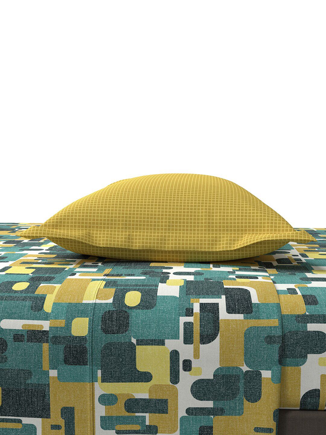 MYTRIDENT Yellow  Green Printed Cotton 144 TC Queen Bedsheet With 2 Pillow Covers