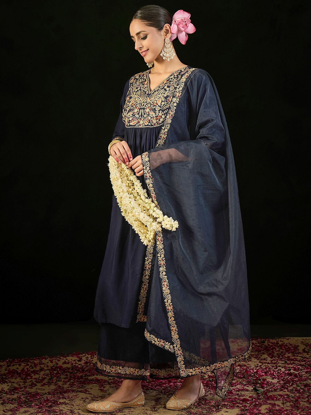 Indo Era Floral Embroidered Empire Liva Kurta with Trousers & Dupatta