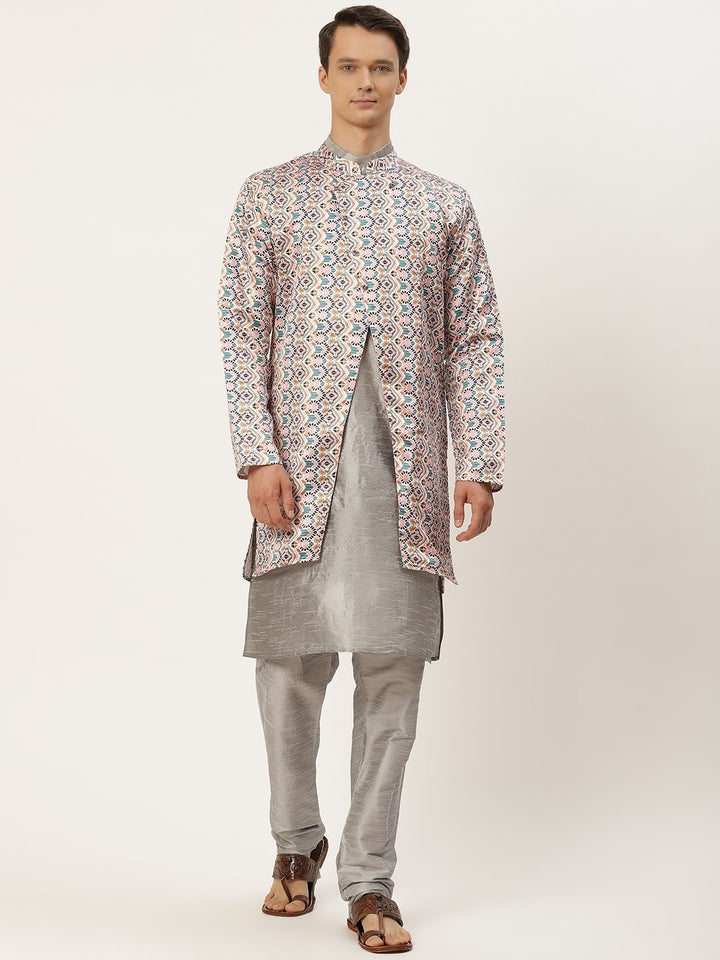 SOJANYA Men Grey & Pink Kurta with Churidar
