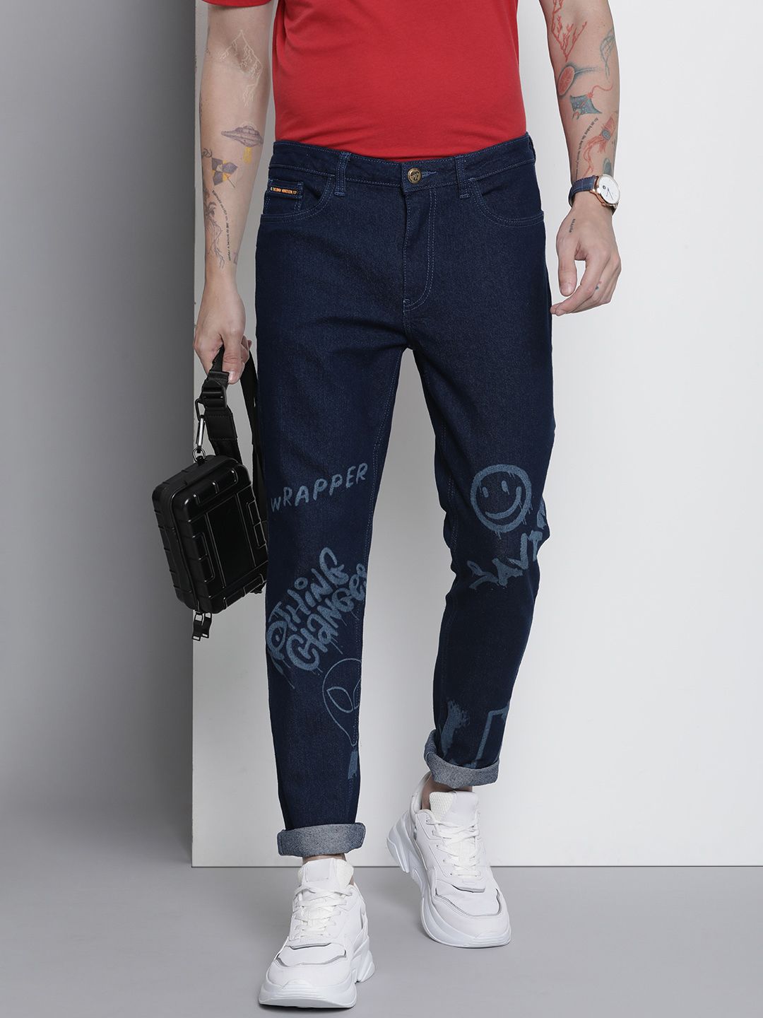 The Indian Garage Co Men Navy Blue Slim Fit Printed Stretchable Jeans