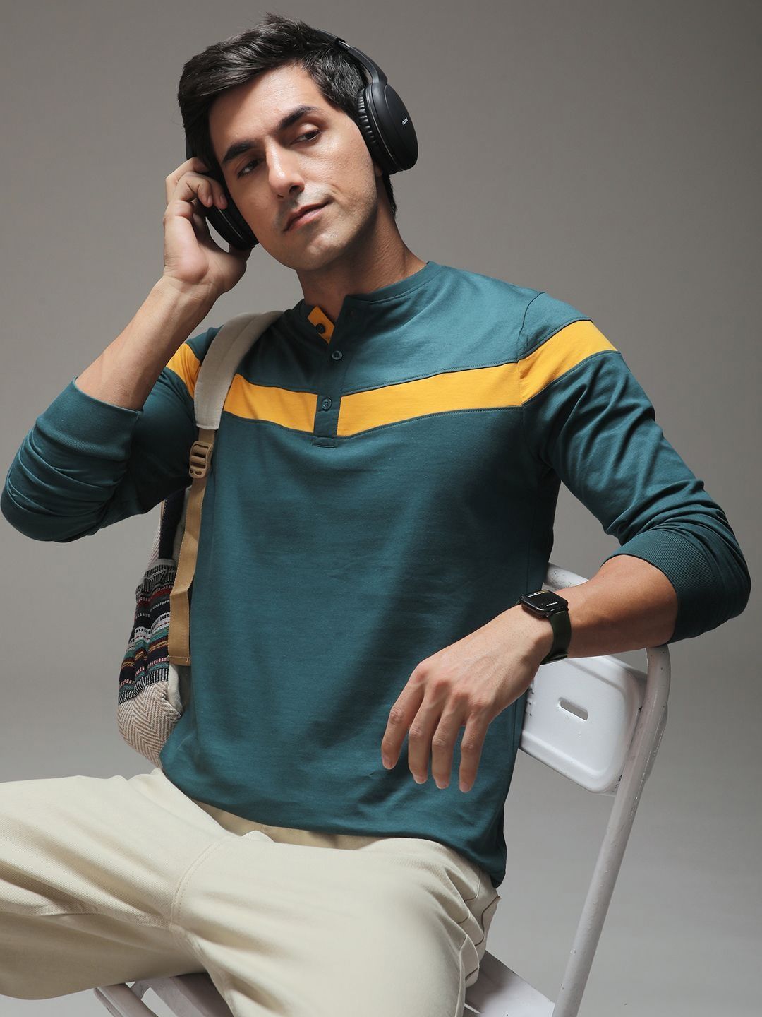 DILLINGER Men Striped Henley Neck Cotton T-shirt