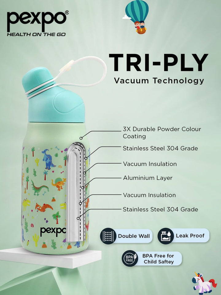 Pexpo Piano Green Thermosteel Double wall Hot and Cold Dinasour Flask Water Bottle 425ml