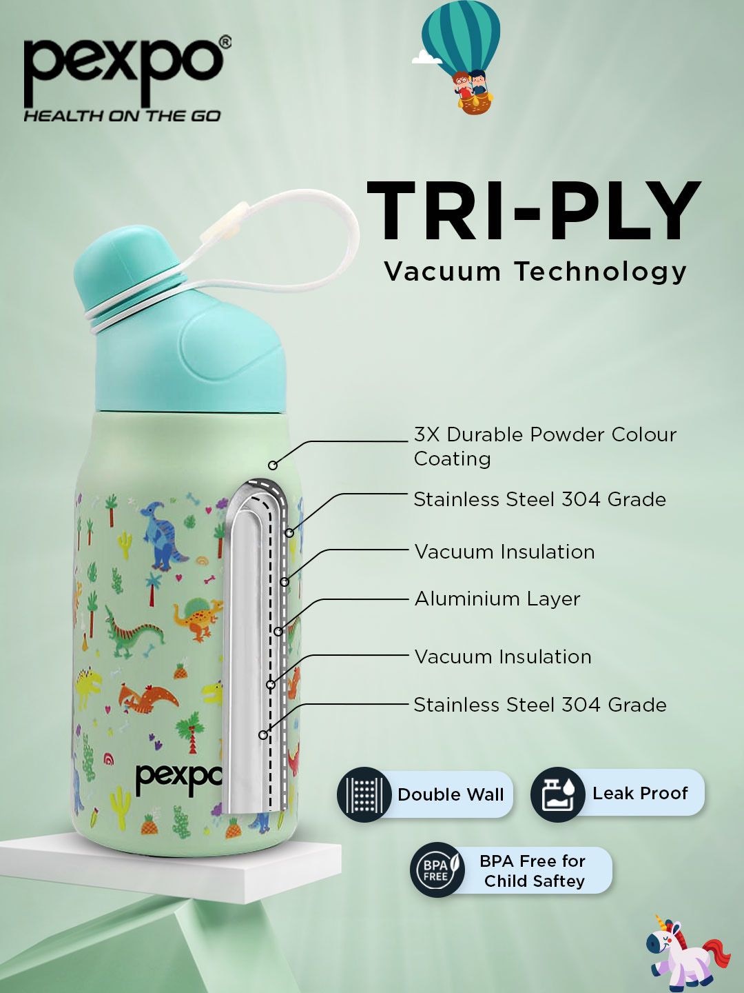 Pexpo Piano Green Thermosteel Double wall Hot and Cold Dinasour Flask Water Bottle 425ml