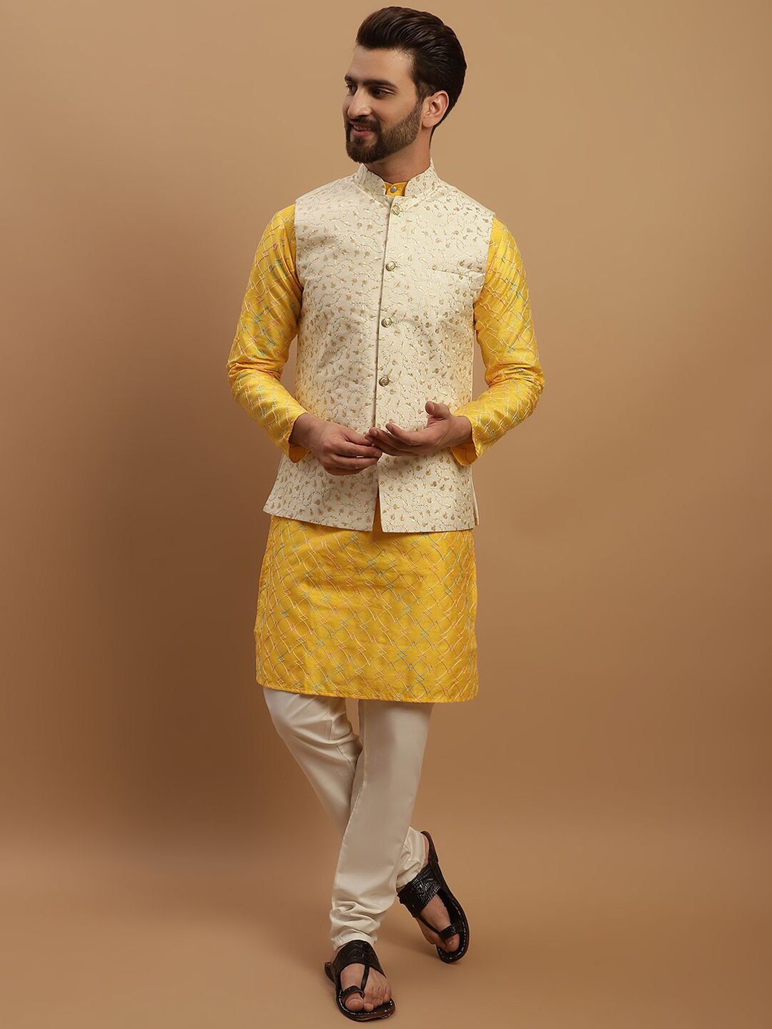 SOJANYA Geometric Embroidered Regular Kurta With Churidar & Nehru Jacket