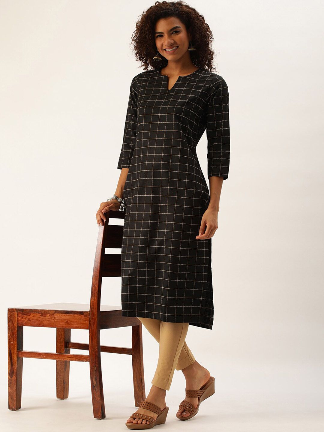 KALINI Women Checked Keyhole Neck Thread Work Kurta