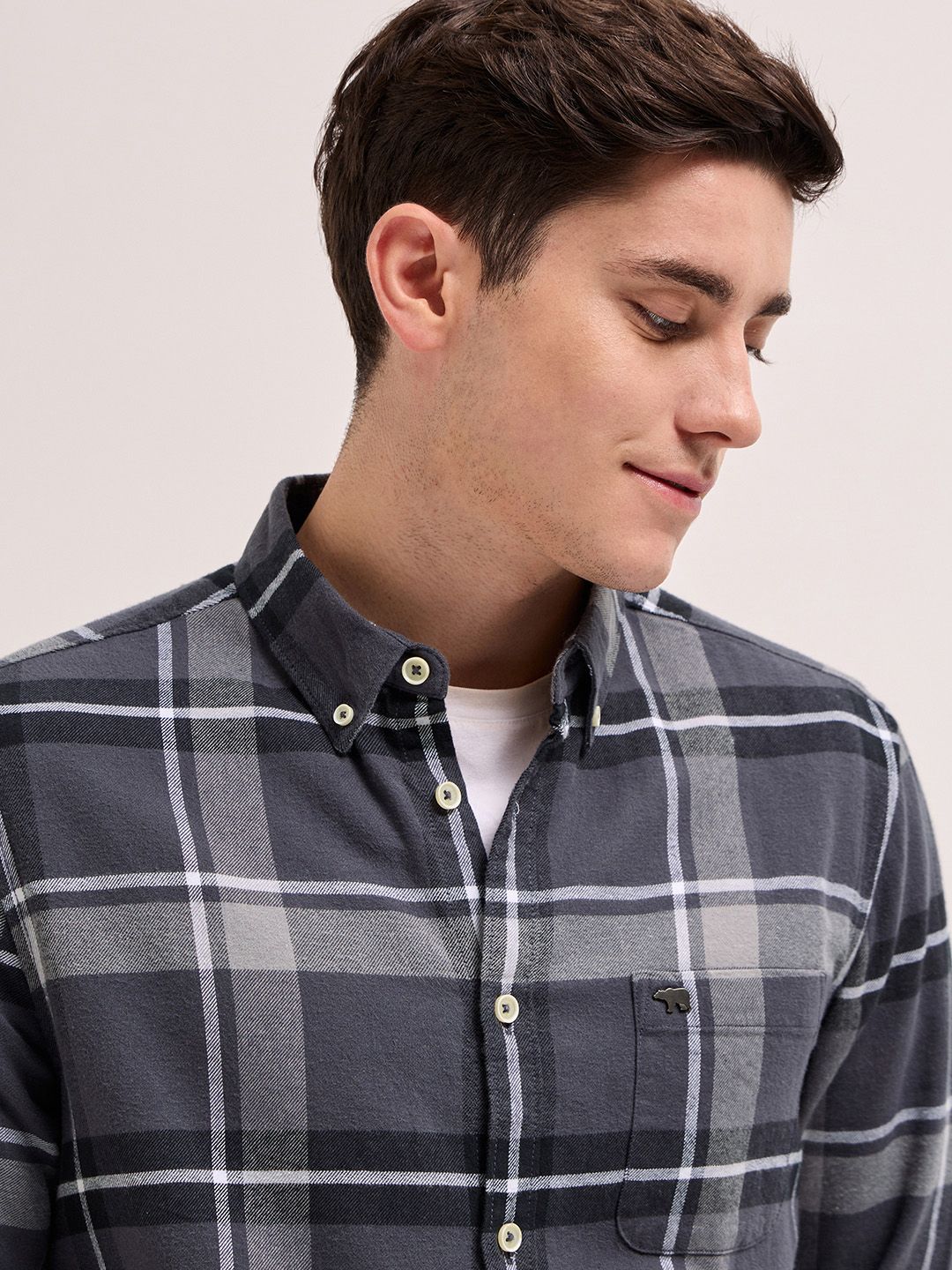 THE BEAR HOUSE Men Grey Flannel Slim Fit Pure Cotton Checked Casual Shirt