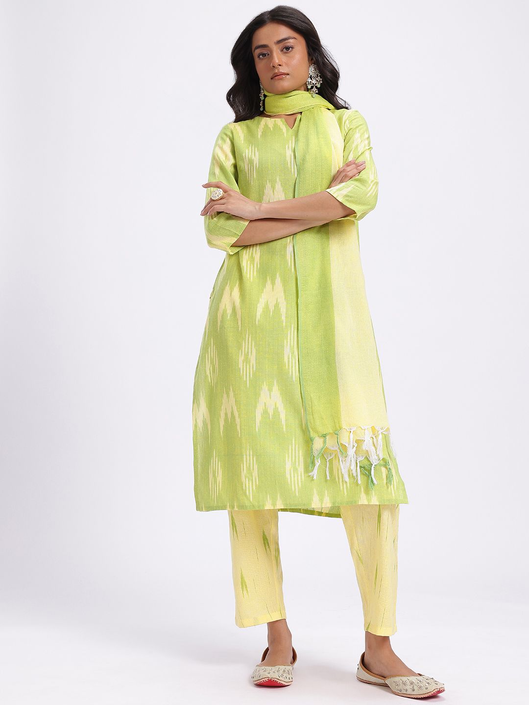 Anouk Ikat Print Regular Pure Cotton Kurta with Trousers & Dupatta