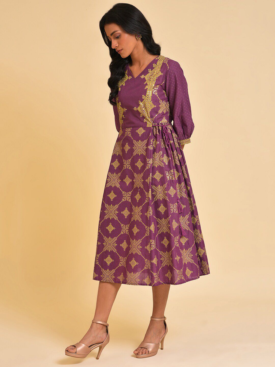 W Purple Ethnic Motifs Print Pure Cotton Fit & Flare Ethnic Midi Dress