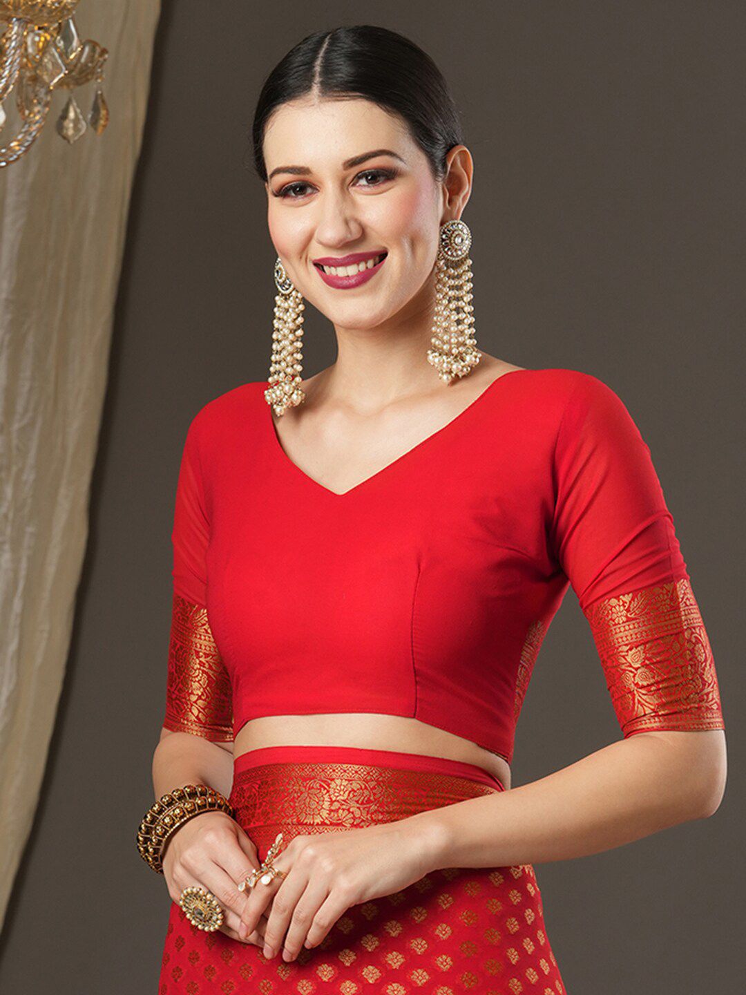 Saree mall Ethnic Motifs Woven Design Zari Poly Georgette Kanjeevaram Sarees