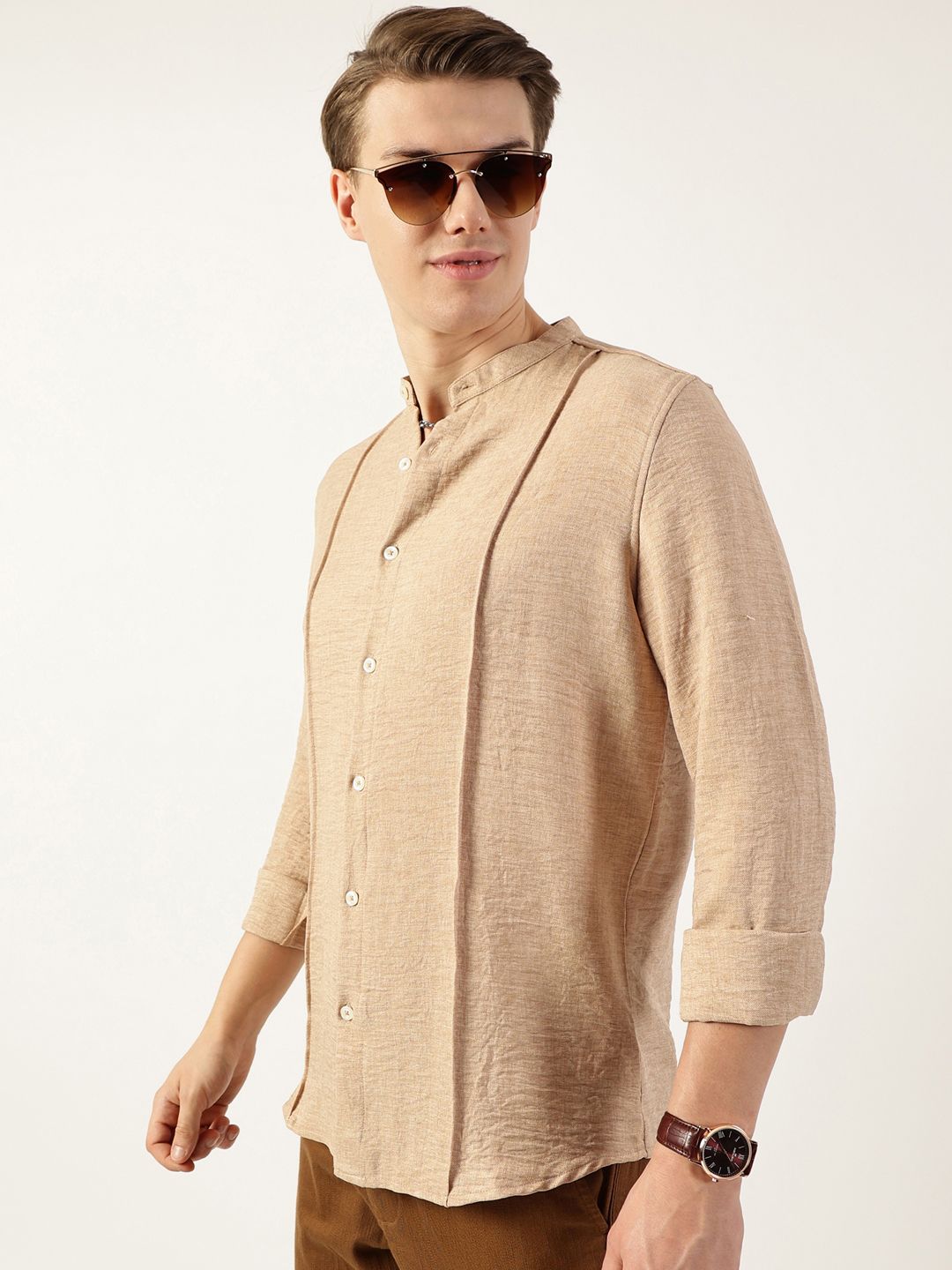 Thomas Scott Men Premium Mandarin Collar Textured Solid Slim Fit Casual Shirt