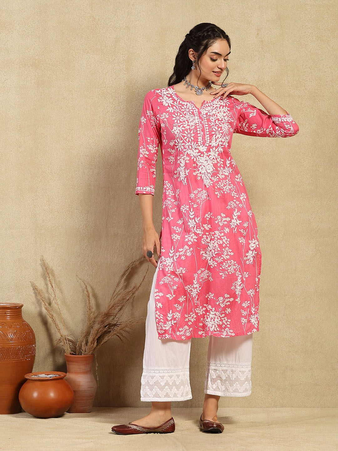 House of Chikankari Women Pink Mulmul Chikankari Embroidered Kurta