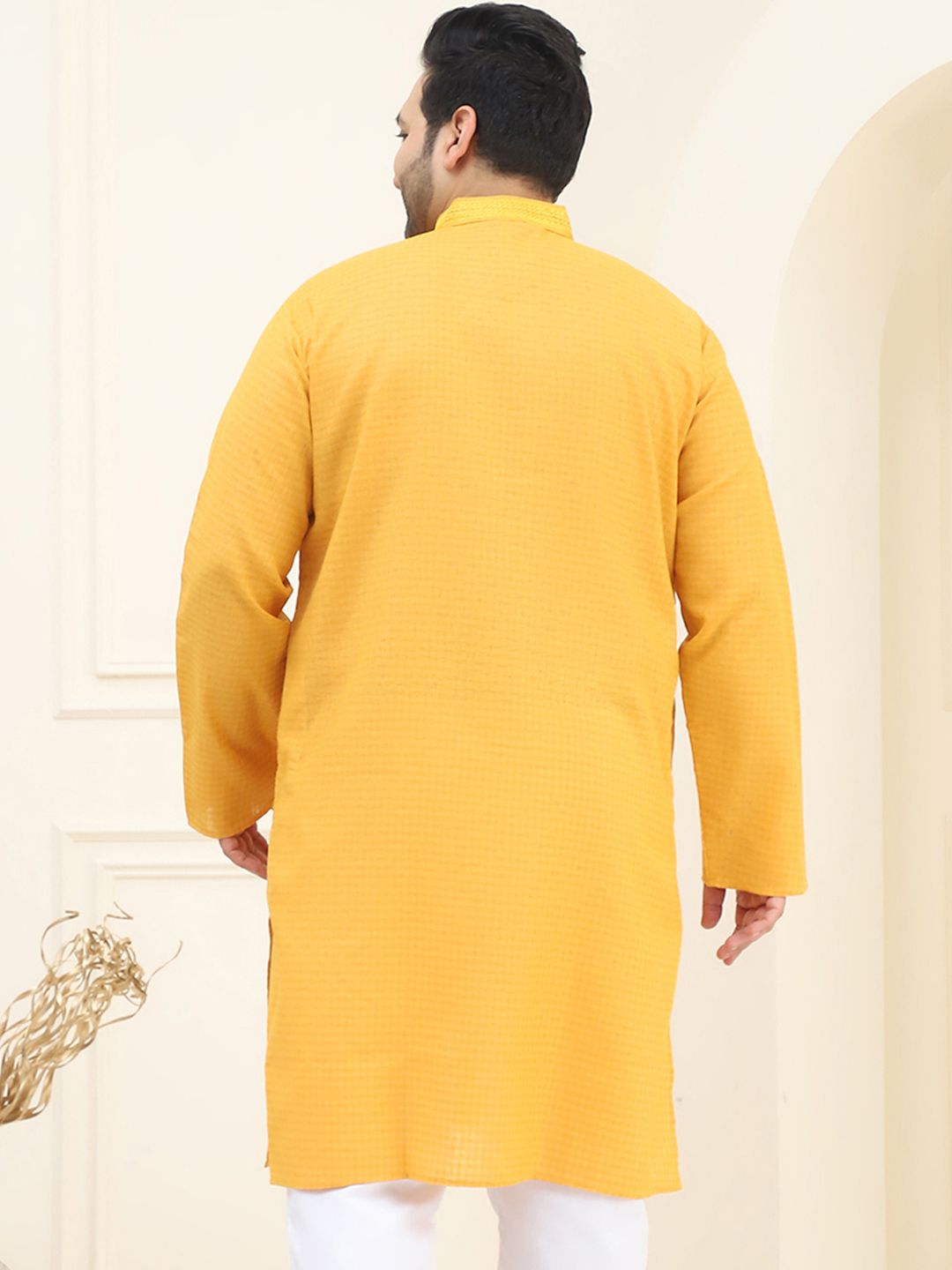 SOJANYA PLUS Men Mustard Yellow Pure Cotton Checked Kurta