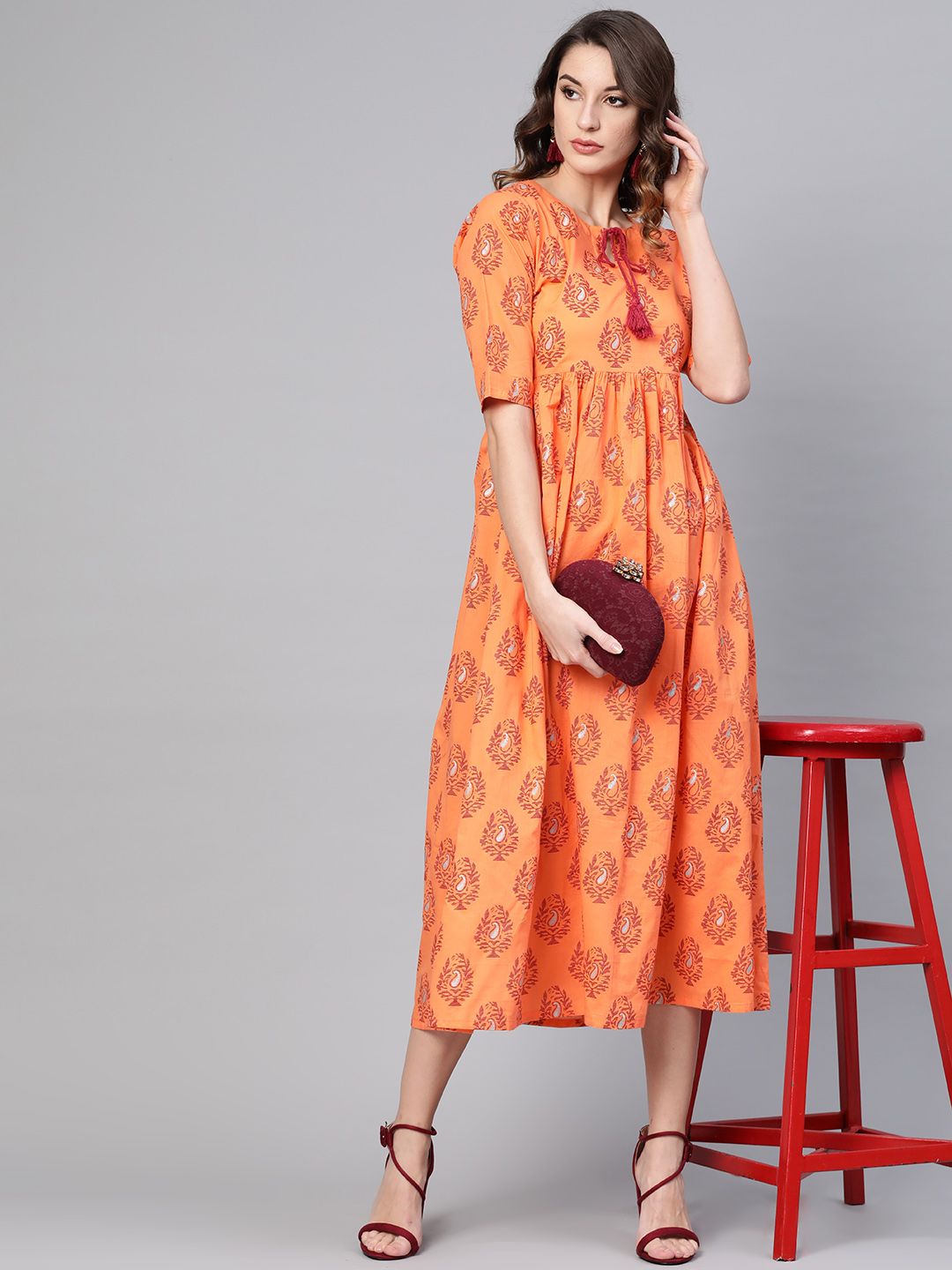 Gerua By Libas Women Orange  Maroon Printed Maxi Dress