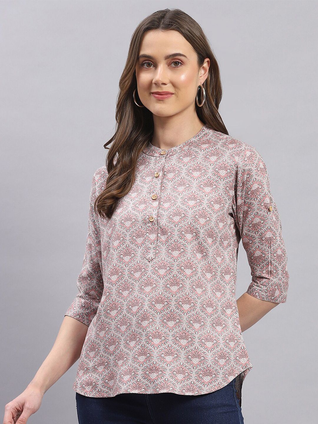 Monte Carlo Ethnic Motifs Printed Mandarin Collar Top