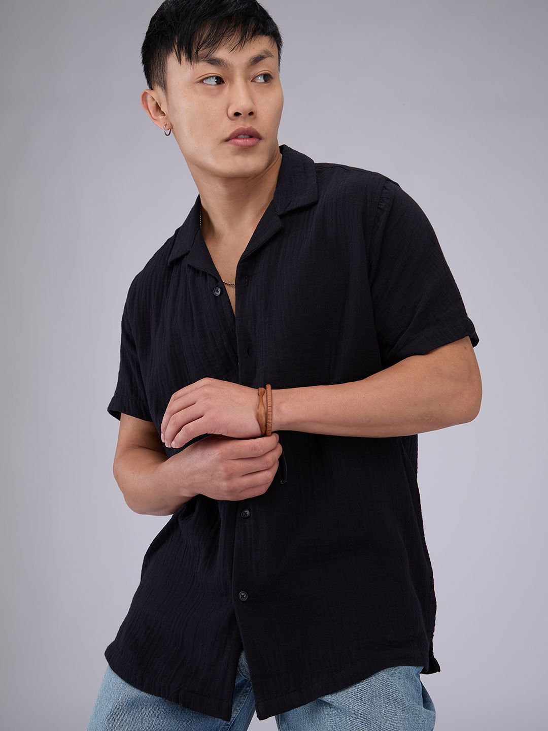 VASTRADO Men Classic Cuban Collar Textured Cotton Relaxed Fit Casual Shirt