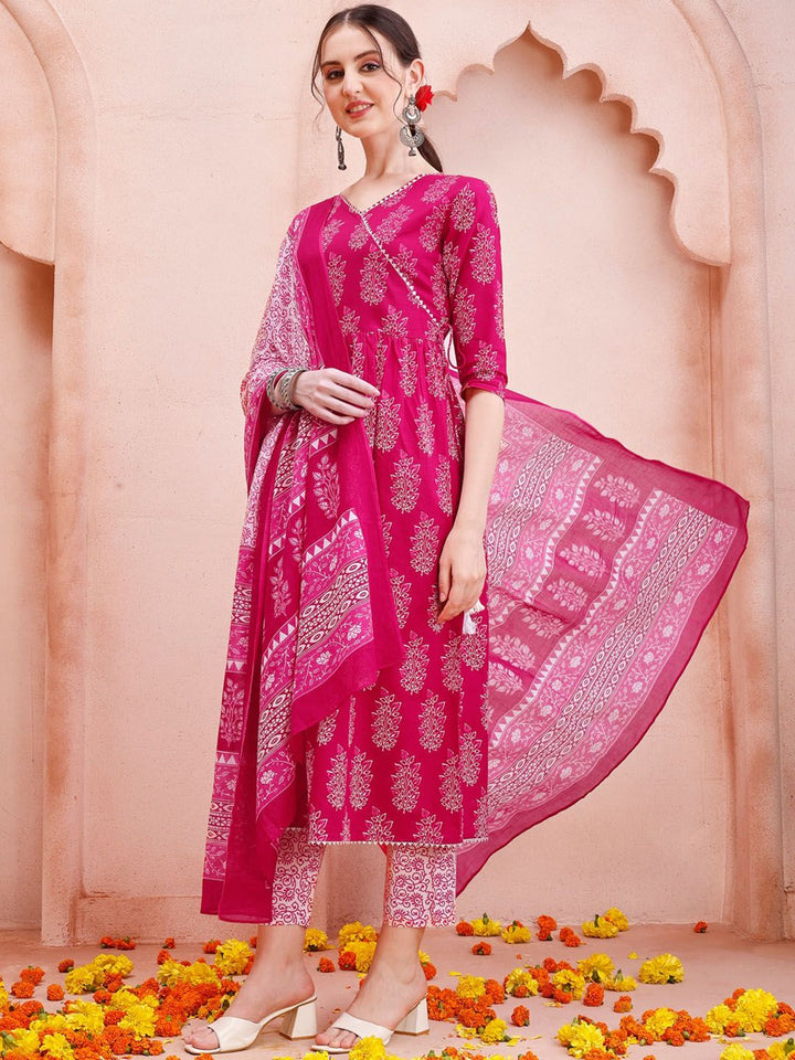 KALINI Ethnic Motifs Printed Angrakha Pure Cotton Kurta & Trousers With Dupatta