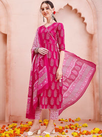 KALINI Ethnic Motifs Printed Angrakha Pure Cotton Kurta & Trousers With Dupatta